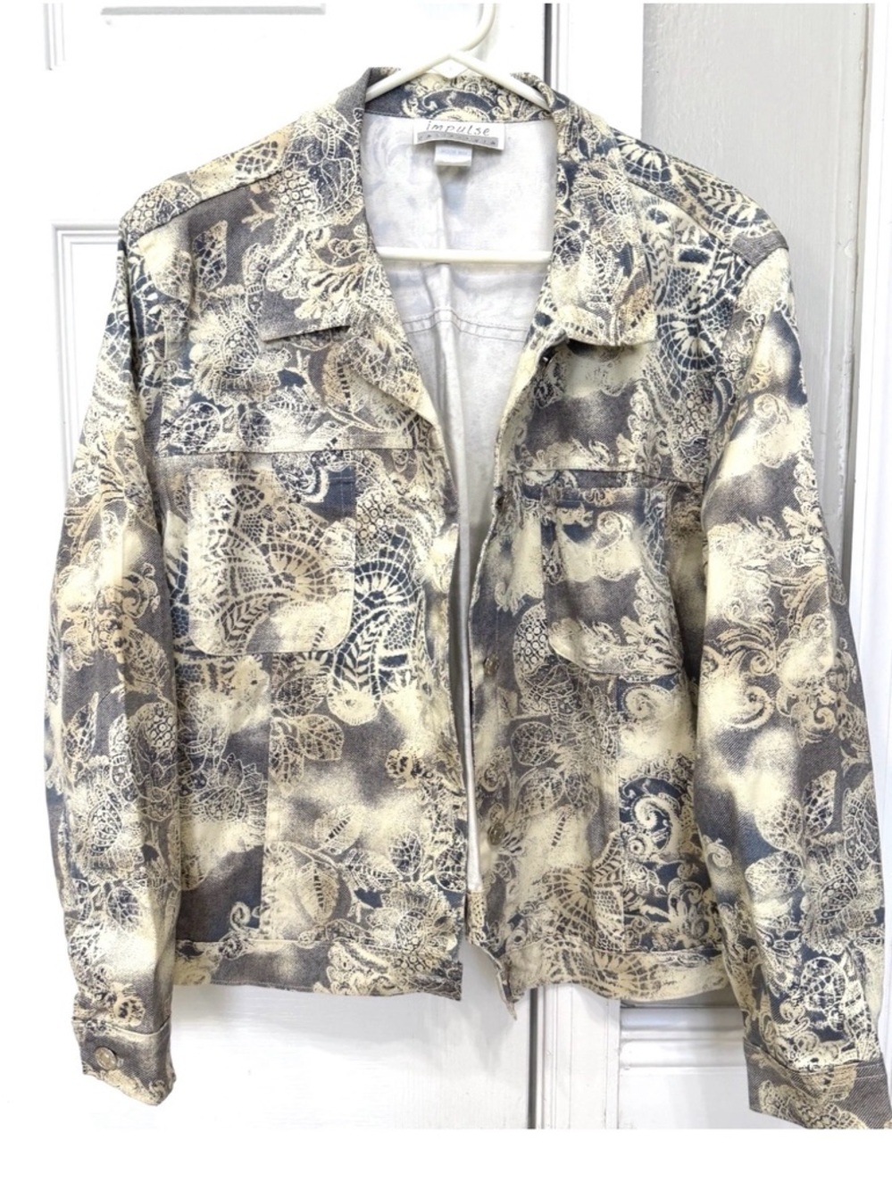 Women’s Printed Denim Jean Jacket size XL X Large Ivory Gray Tan Cotton USA